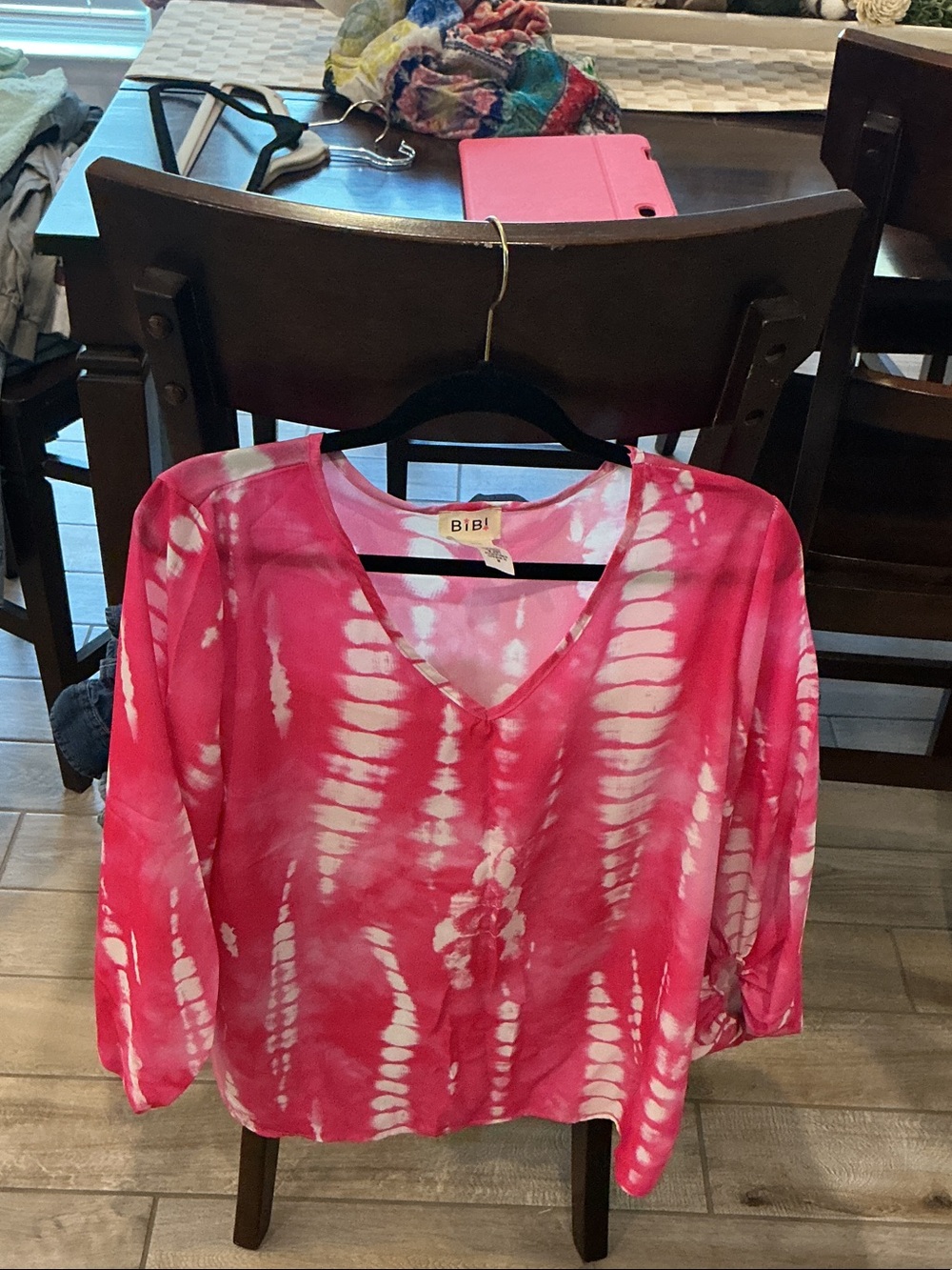 BiBi Pink and White Tie-Dye V-Neck Blouse